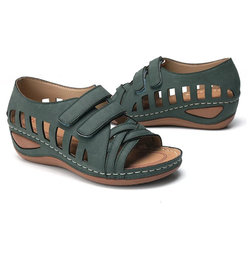Cutout Wedge Walking Sandals – Adjustable Hook-and-Loop Comfort Sandals