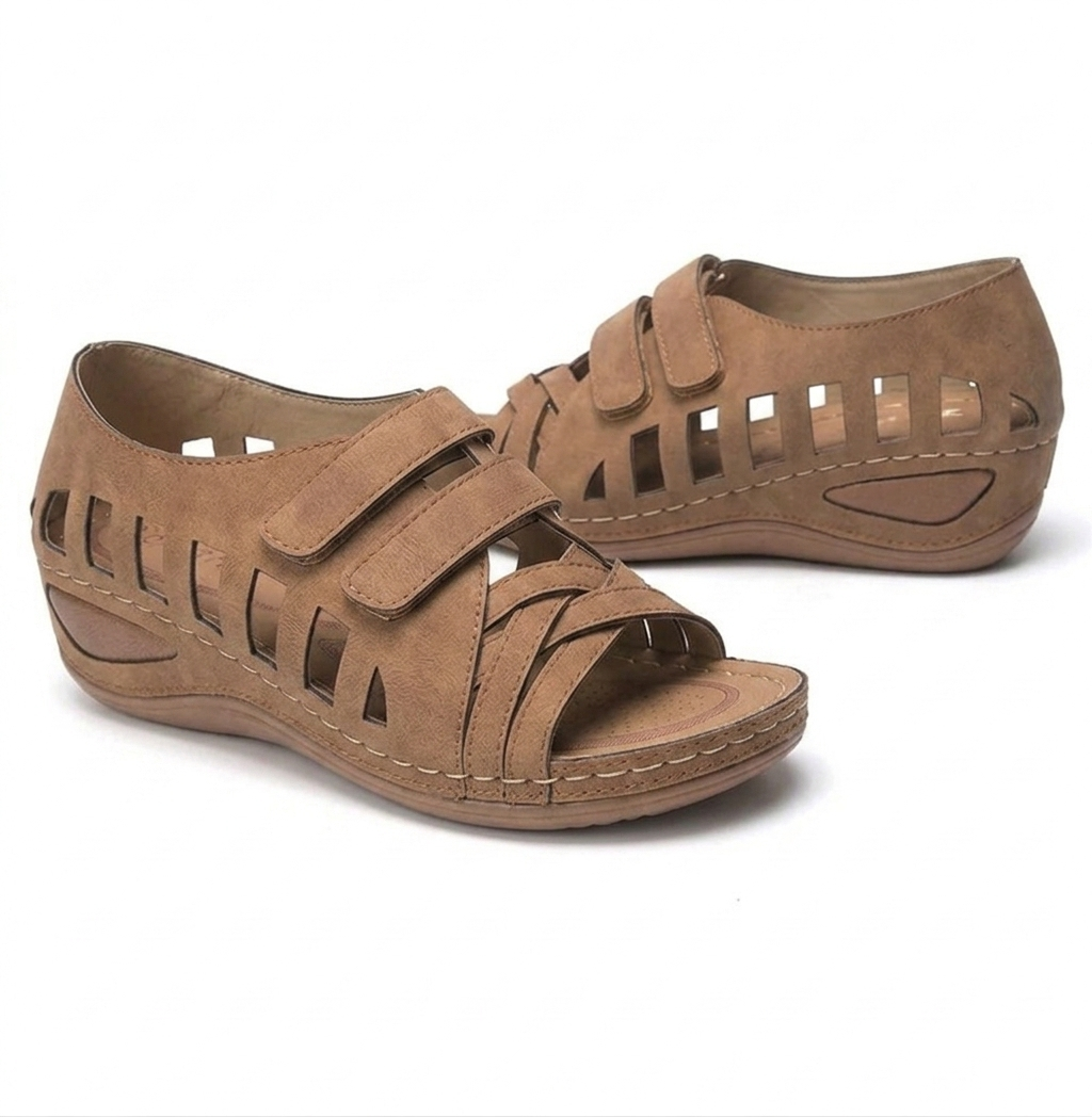 Cutout Wedge Walking Sandals – Adjustable Hook-and-Loop Comfort Sandals