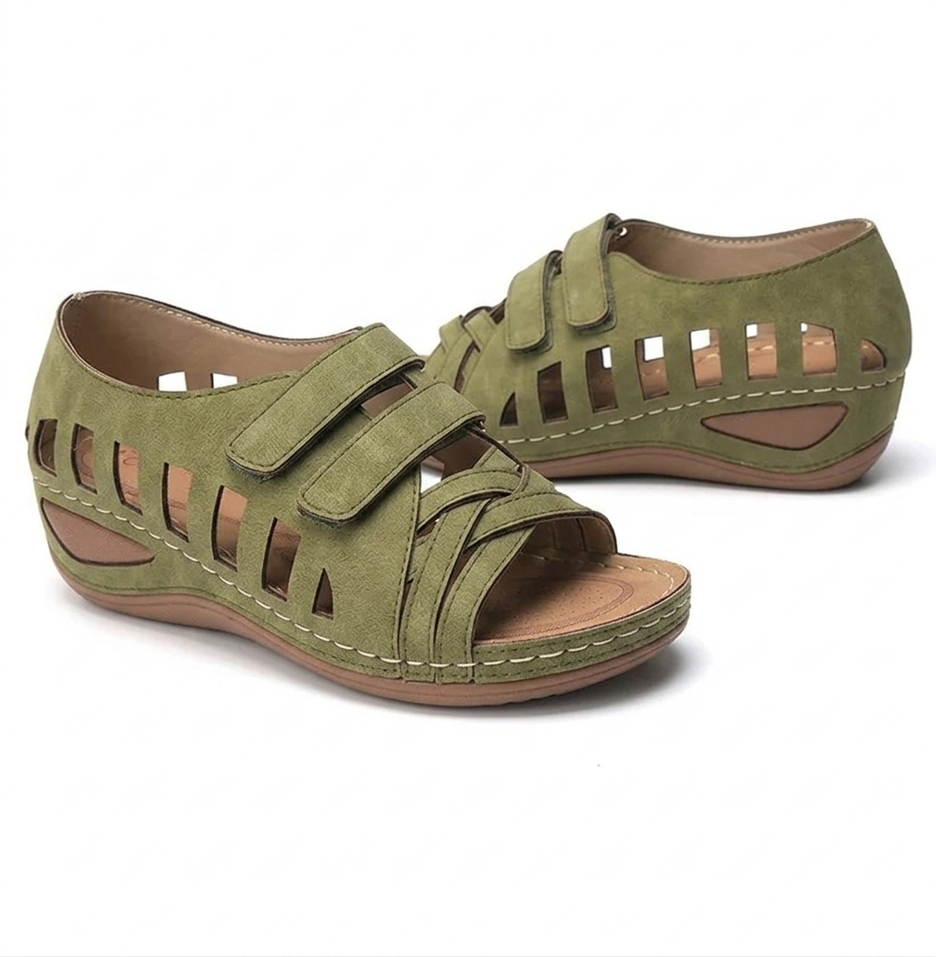 Cutout Wedge Walking Sandals – Adjustable Hook-and-Loop Comfort Sandals
