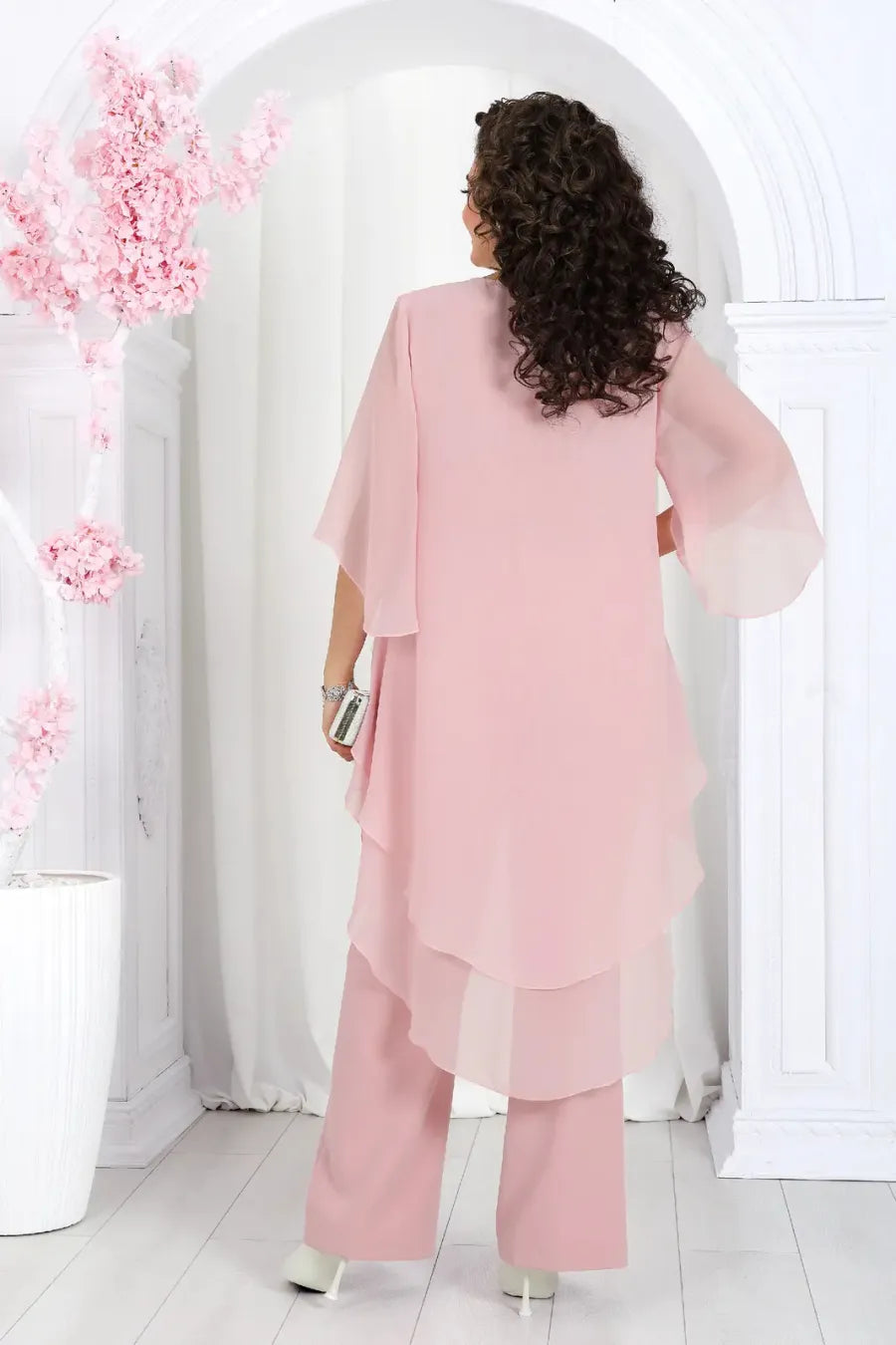 Elegant Layered Chiffon High-Low Top and Pants Two Piece Set