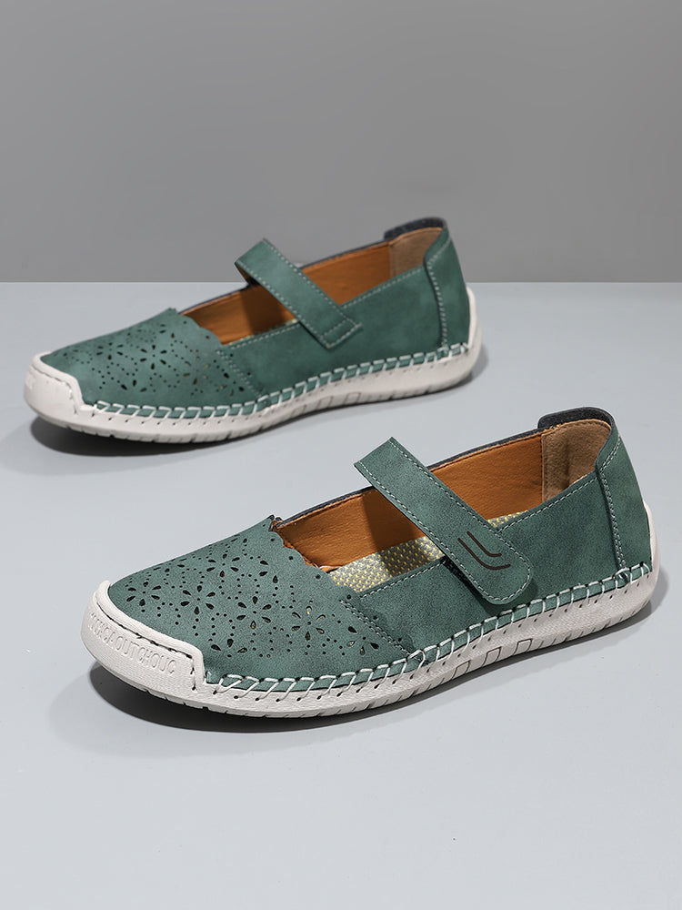 Perforated Mary Jane Flats – Hook-and-Loop Comfort Walking Shoes