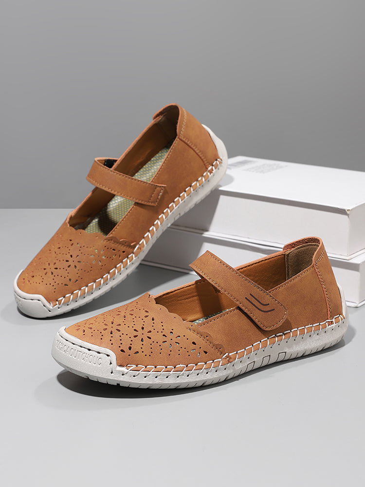 Perforated Mary Jane Flats – Hook-and-Loop Comfort Walking Shoes