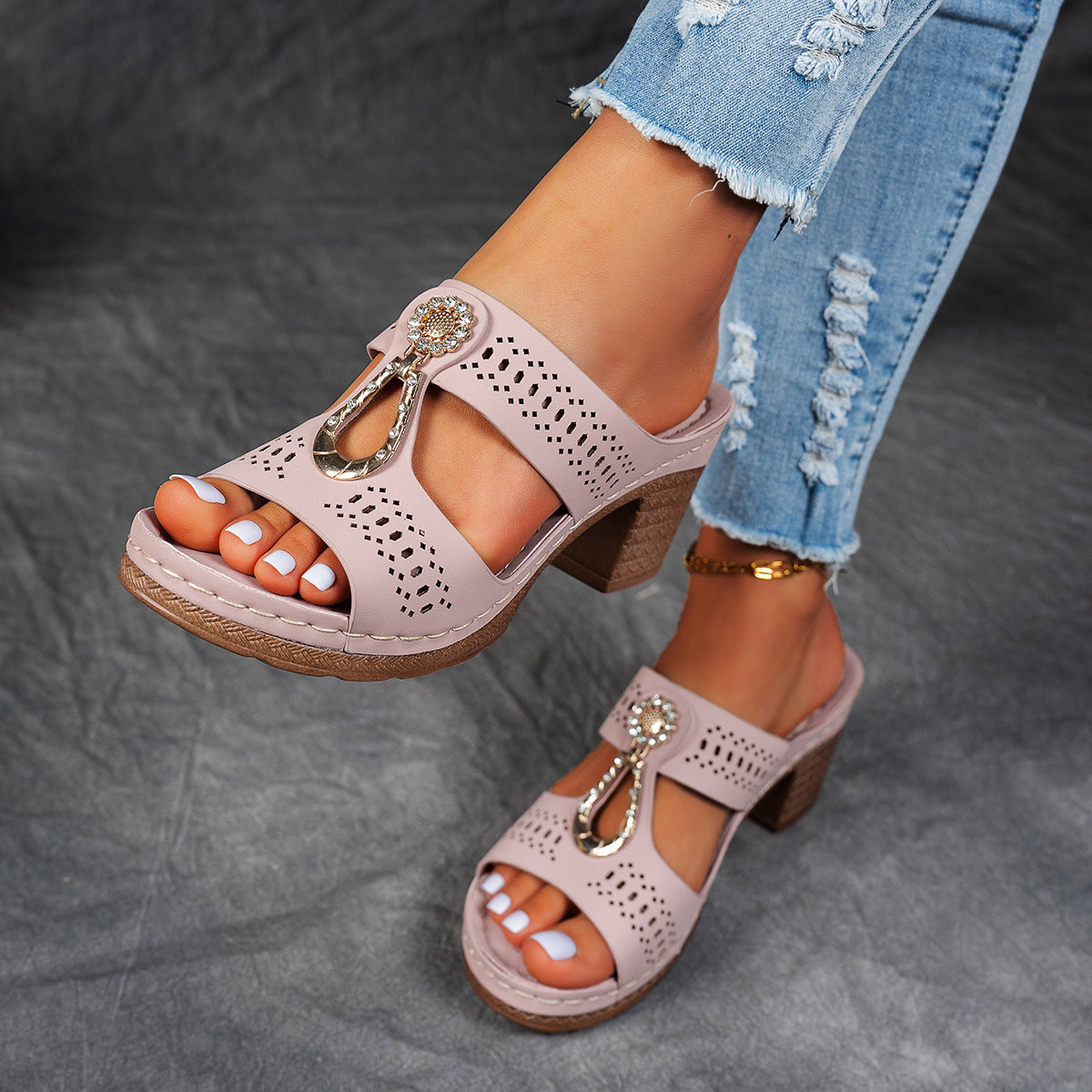 Rhinestone Heeled Slide Sandals – Perforated Chunky Heel Mules