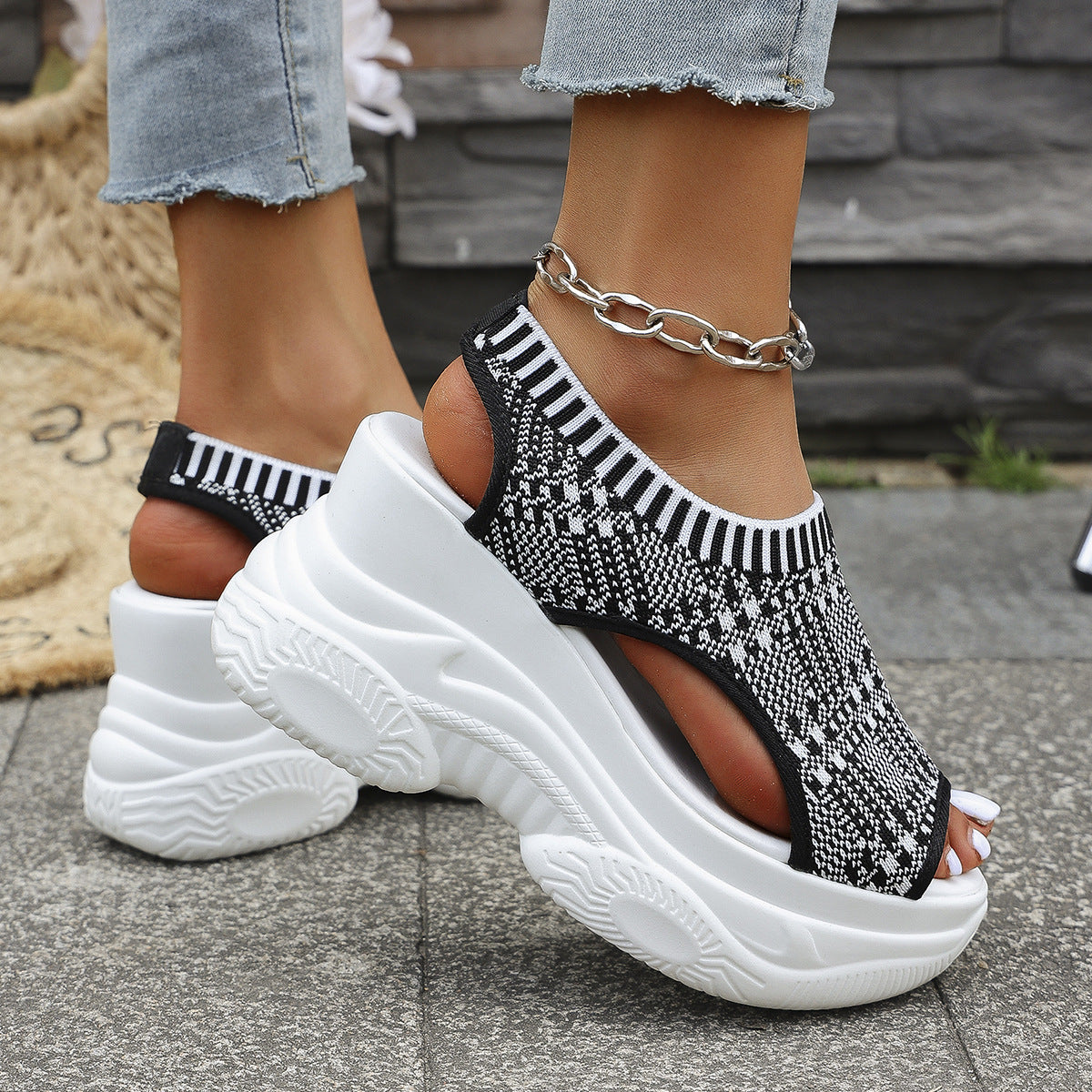 Knit Platform Wedge Sandals – Breathable Peep Toe Walking Shoes