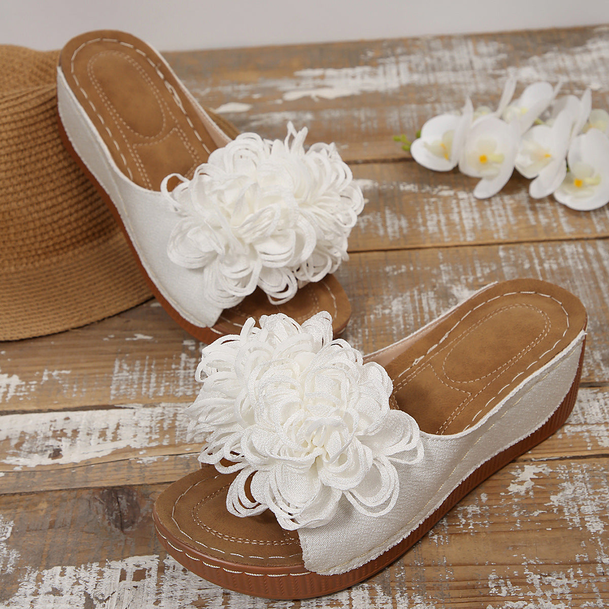 Floral Wedge Slide Sandals – Open Toe Comfort Mules