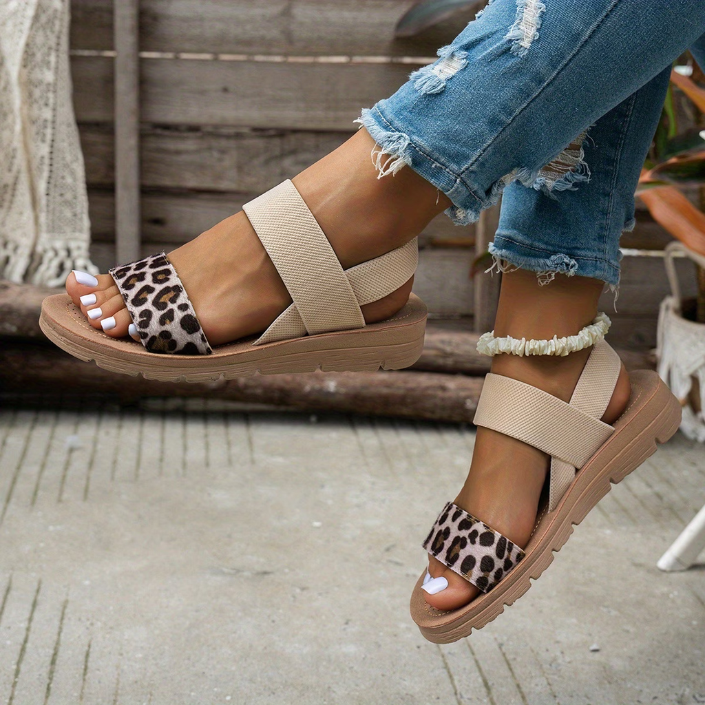 Leopard Strap Platform Sandals – Elastic Slingback Comfort Sandals