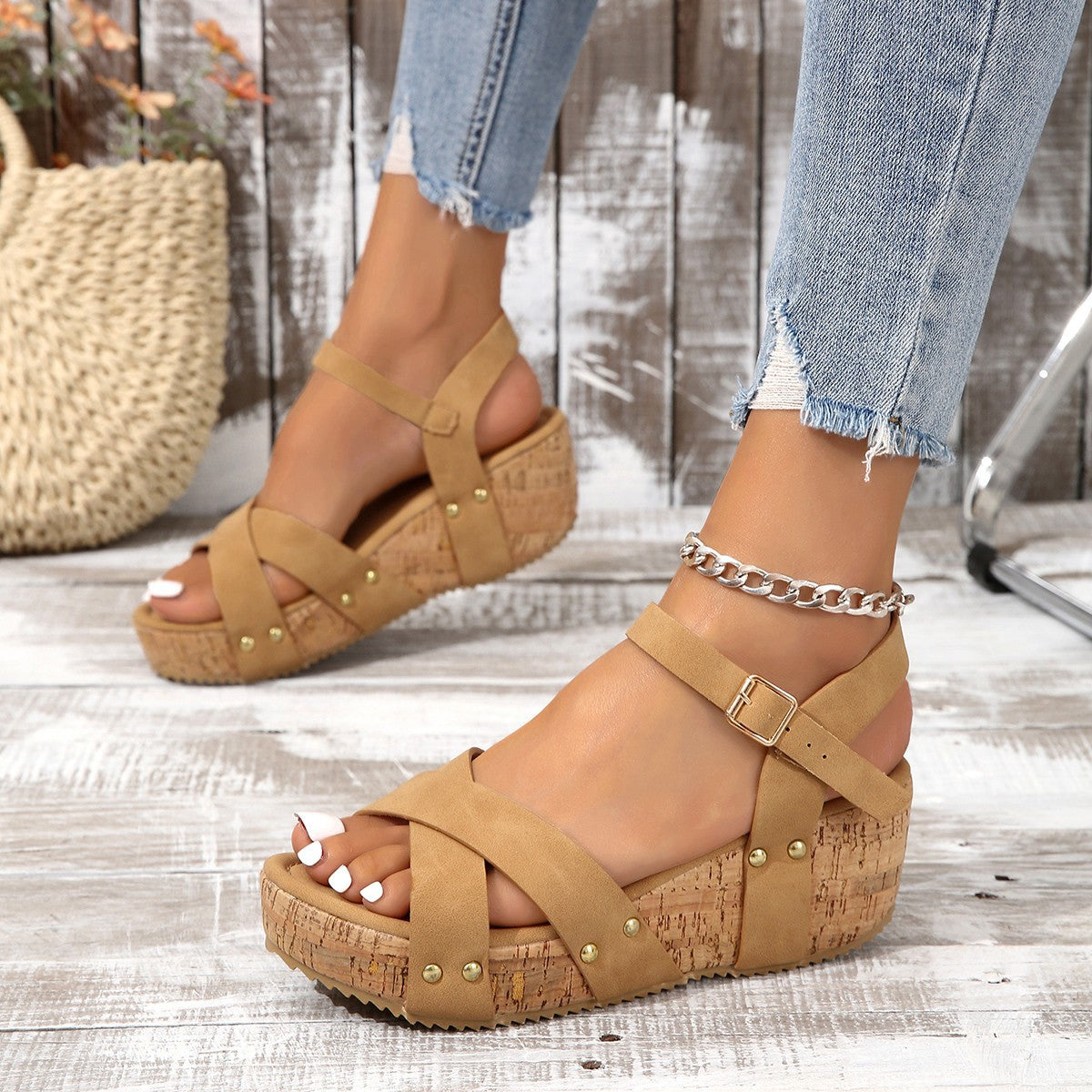 Cross Strap Cork Wedge Sandals – Open Toe Platform Sandals