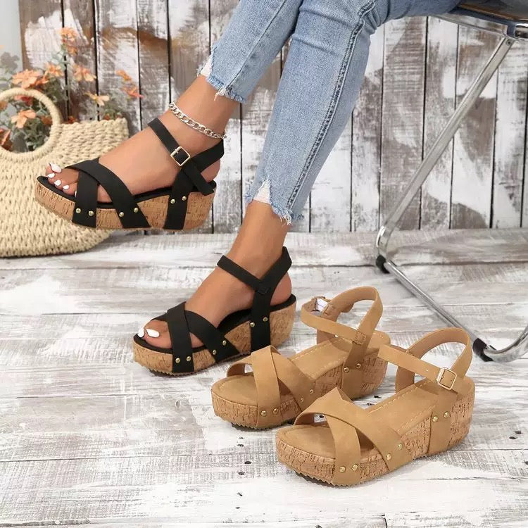 Cross Strap Cork Wedge Sandals – Open Toe Platform Sandals