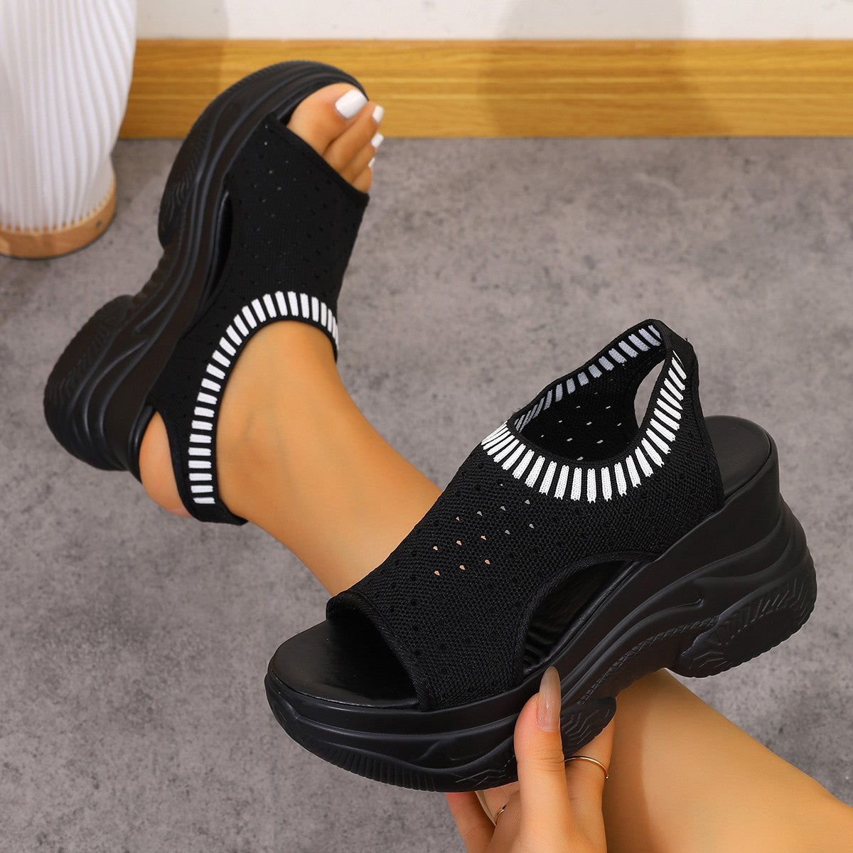 Knit Platform Wedge Sandals – Breathable Peep Toe Walking Shoes