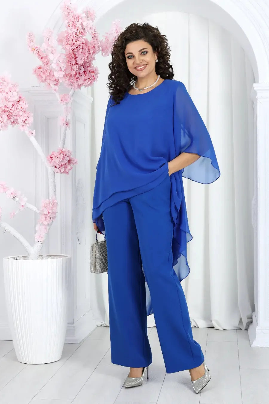 Elegant Layered Chiffon High-Low Top and Pants Two Piece Set