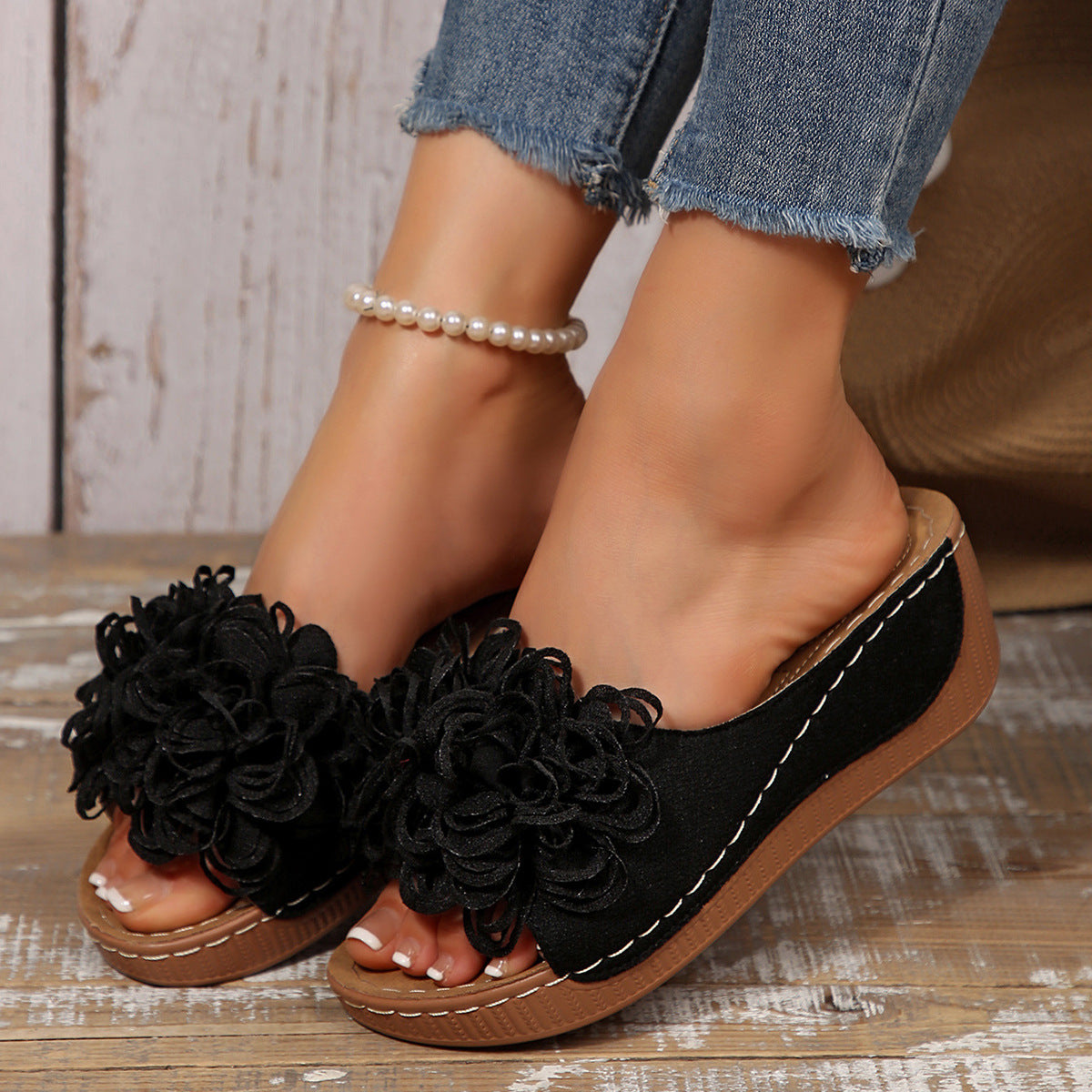 Floral Wedge Slide Sandals – Open Toe Comfort Mules