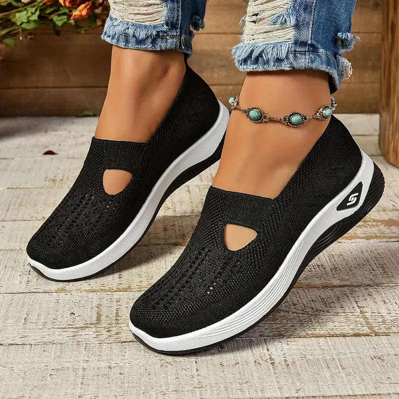 Breathable Knit Walking Shoes – Slip-On Platform Comfort Sneakers