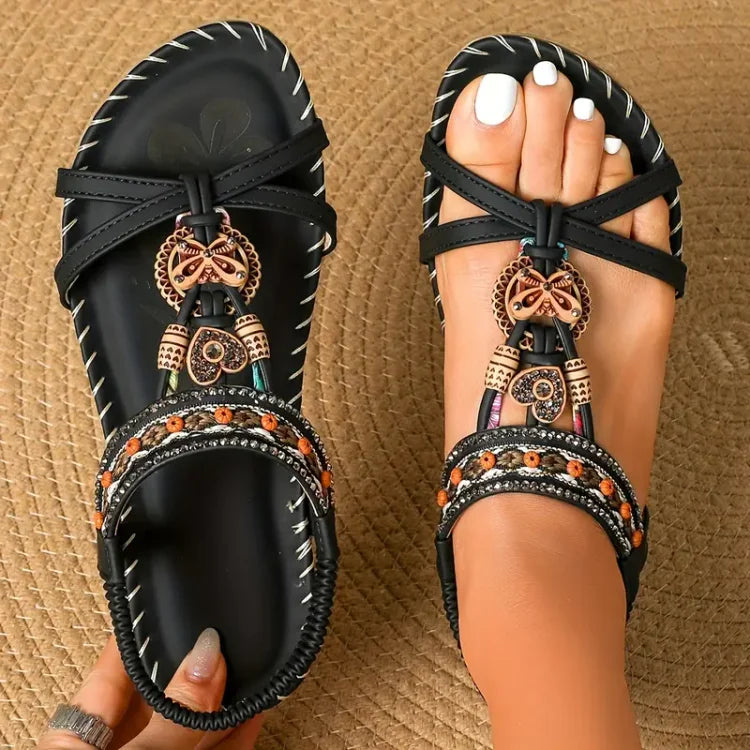 Boho Beaded Flat Sandals – Strappy Open Toe Summer Sandals