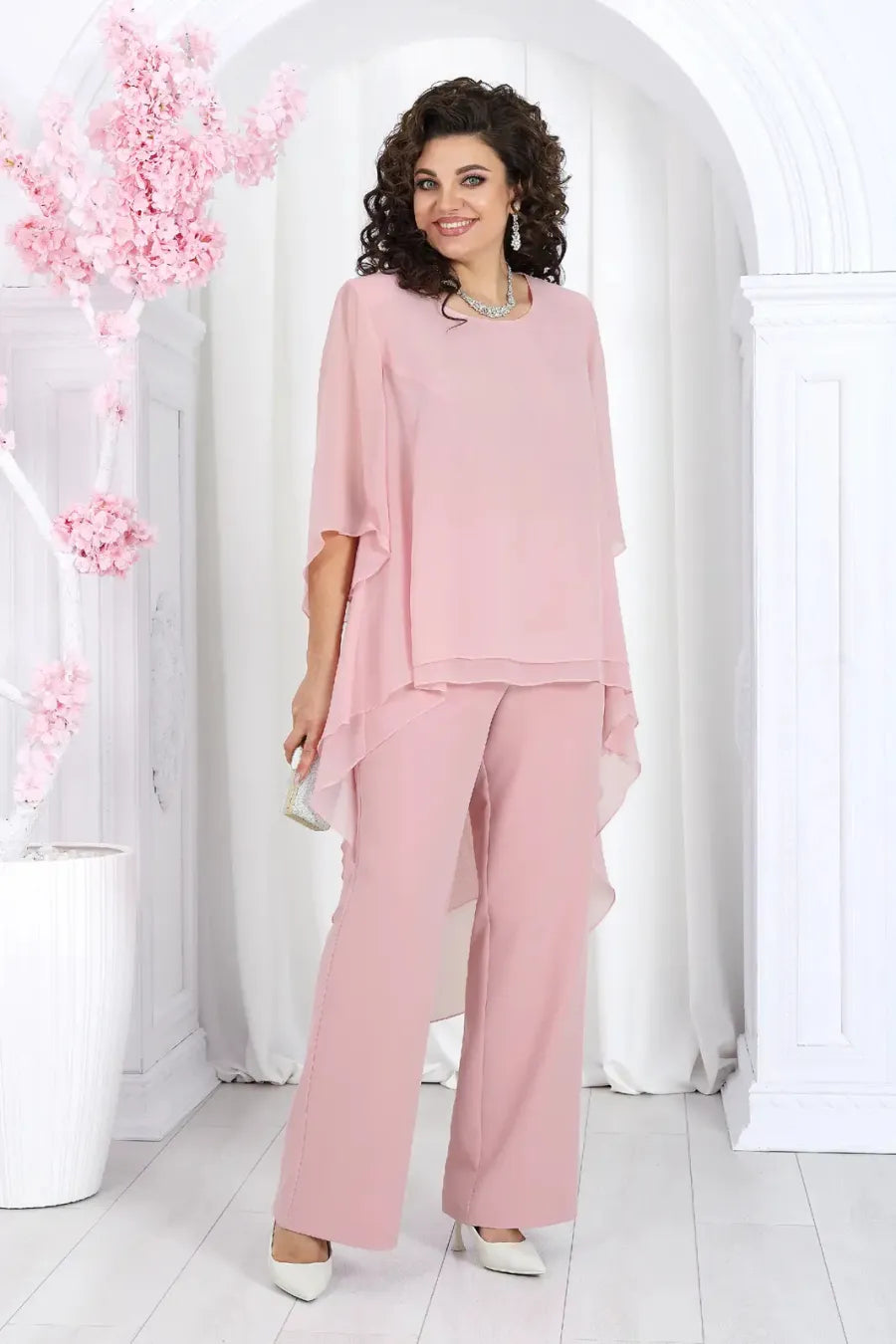 Elegant Layered Chiffon High-Low Top and Pants Two Piece Set