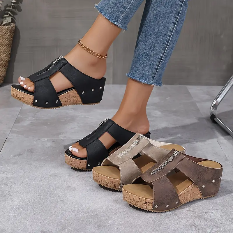 Zip Front Wedge Sandals – Open Toe Cork Platform Sandals