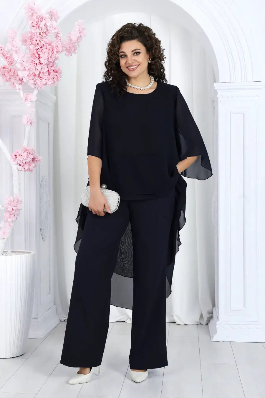 Elegant Layered Chiffon High-Low Top and Pants Two Piece Set