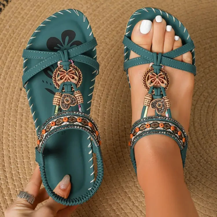 Boho Beaded Flat Sandals – Strappy Open Toe Summer Sandals