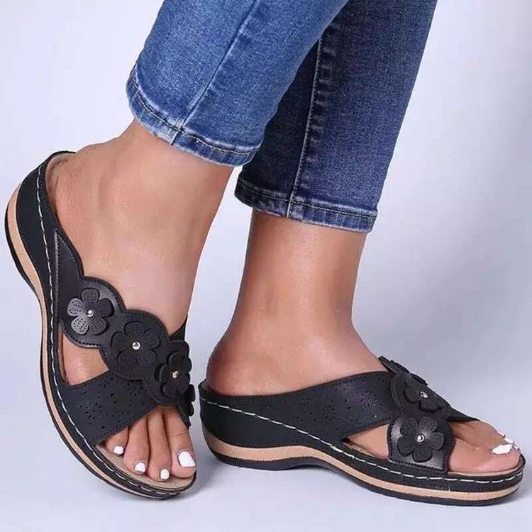 Floral Wedge Slide Sandals – Vintage Arch Support Comfort Sandals