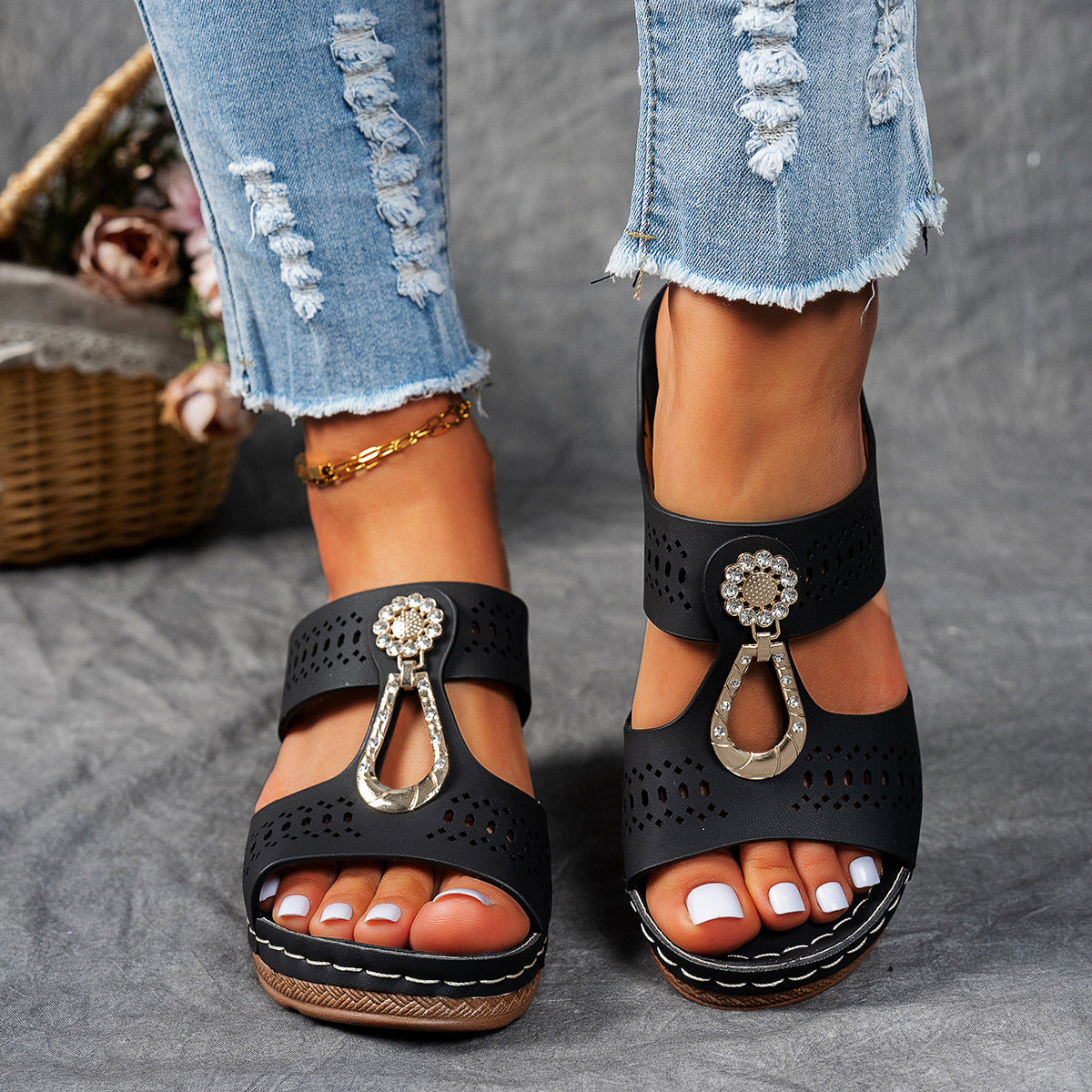 Rhinestone Heeled Slide Sandals – Perforated Chunky Heel Mules