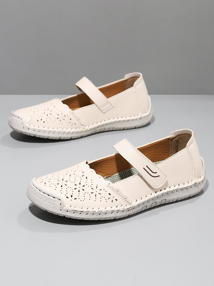 Perforated Mary Jane Flats – Hook-and-Loop Comfort Walking Shoes