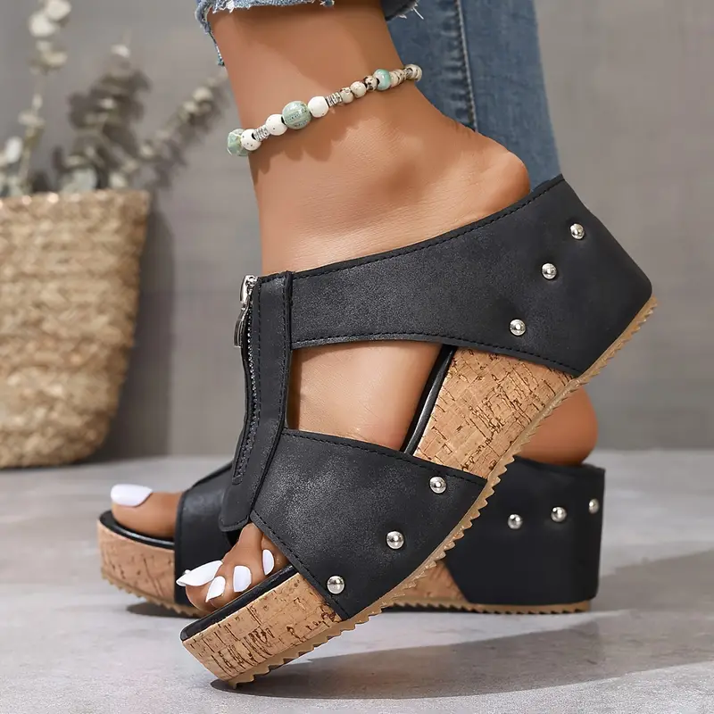 Zip Front Wedge Sandals – Open Toe Cork Platform Sandals