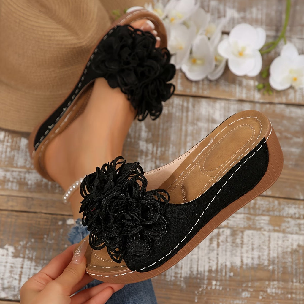 Floral Wedge Slide Sandals – Open Toe Comfort Mules