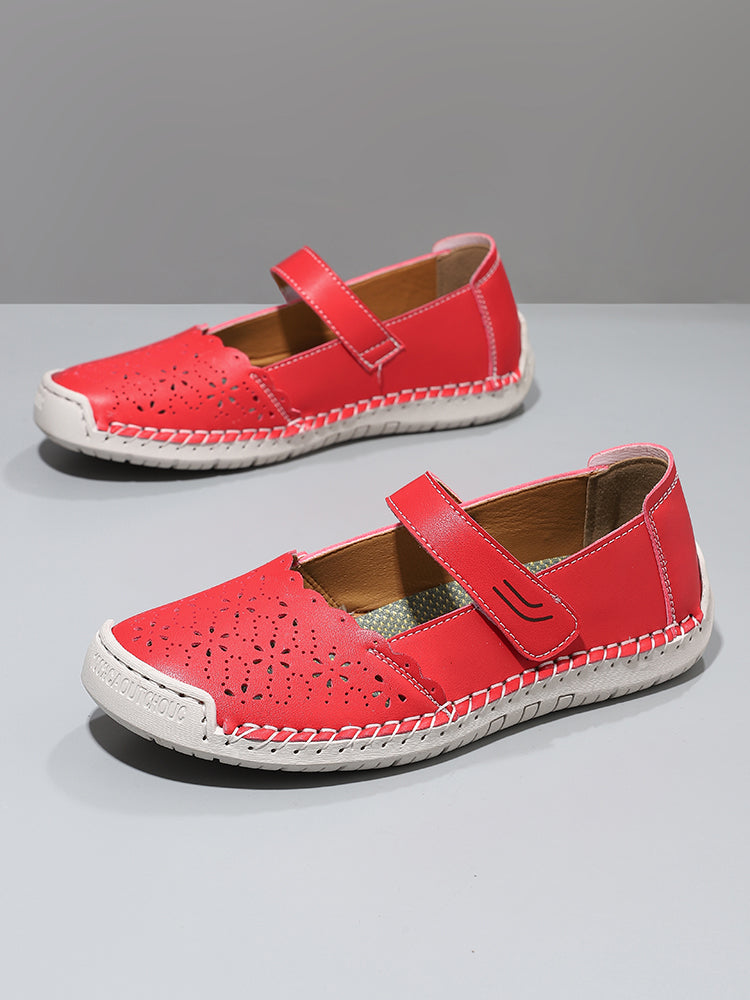 Perforated Mary Jane Flats – Hook-and-Loop Comfort Walking Shoes