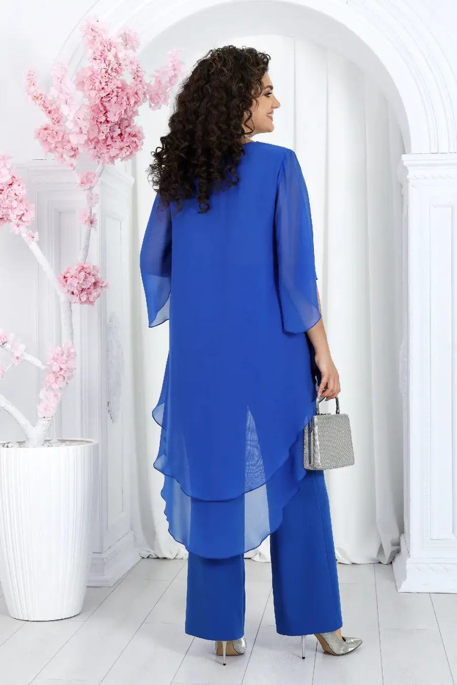 Elegant Layered Chiffon High-Low Top and Pants Two Piece Set